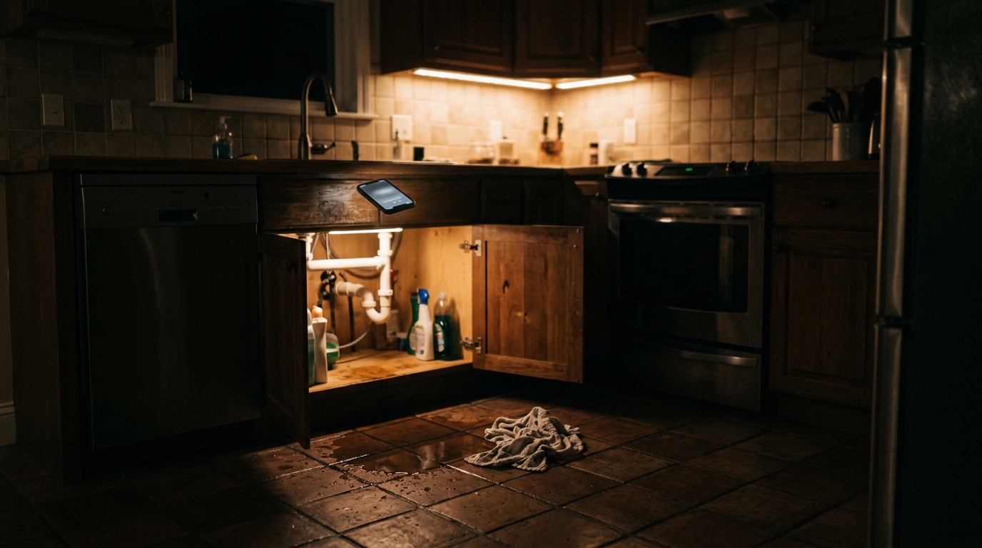 A kitchen at night with water on the floor under the sink and a phone glowing on the counter
