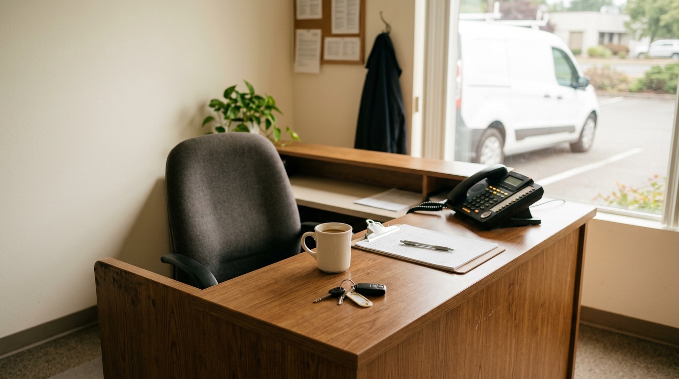 An empty front desk in a small service business with an office phone ringing