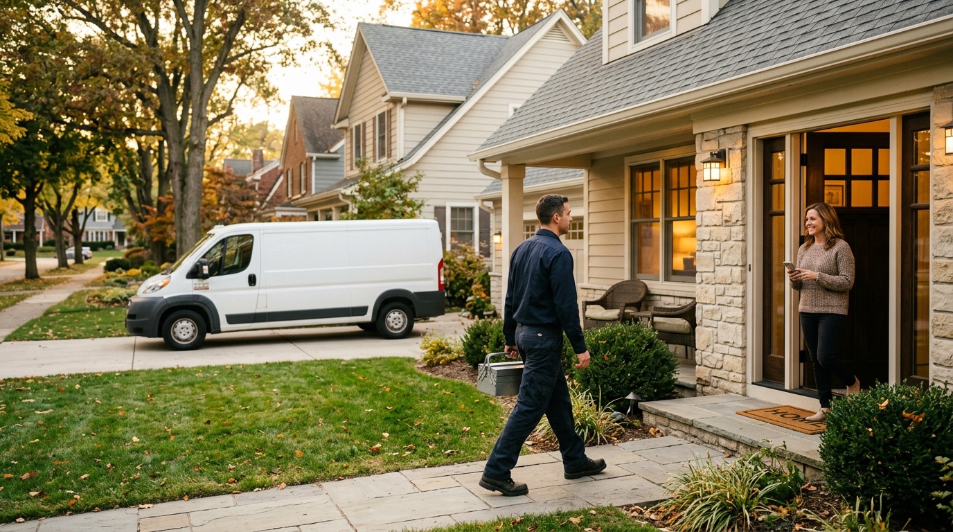 A plumber's service van parked in front of a suburban house while the homeowner checks her phone