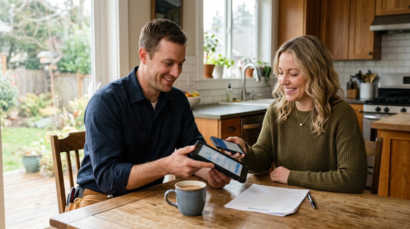 A contractor at a kitchen table showing a customer an invoice on a tablet while she pays with her phone