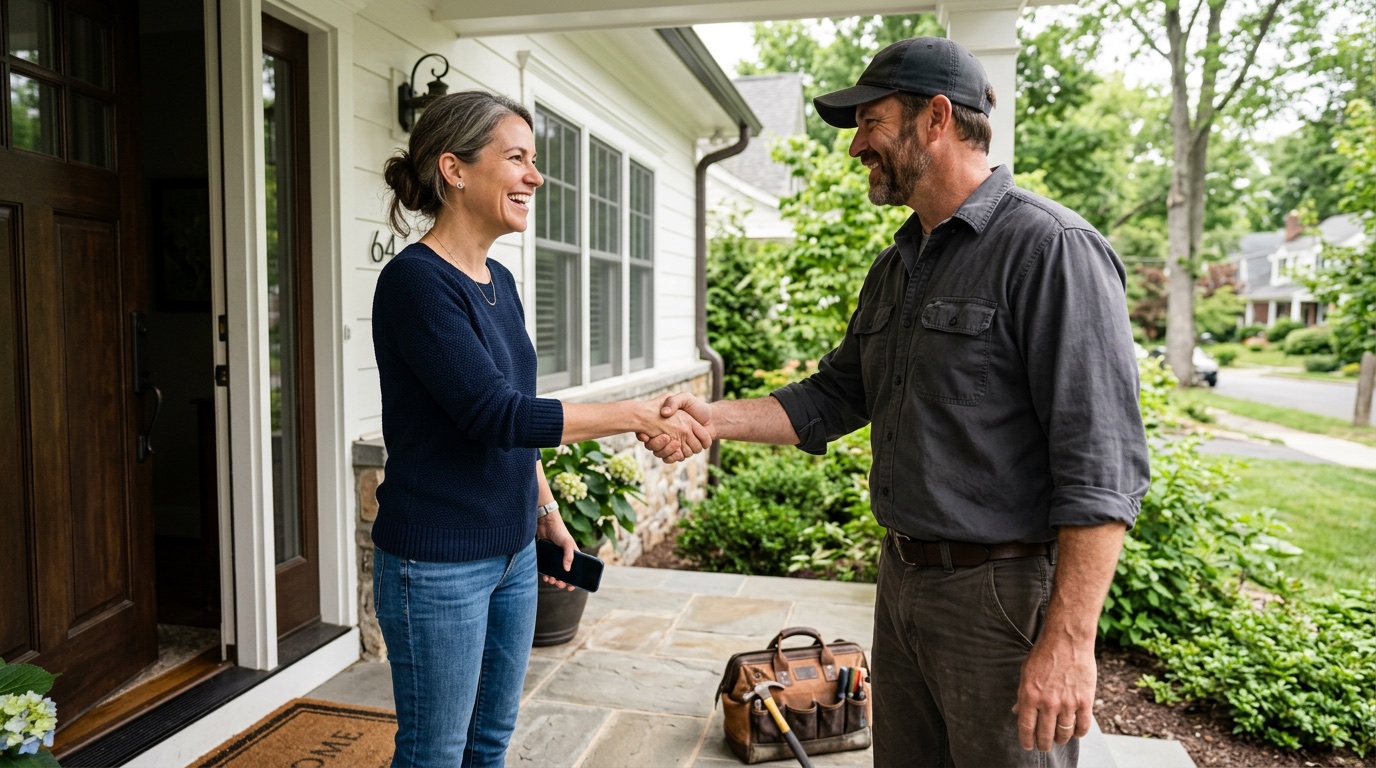 A homeowner shaking hands with a contractor at her front door after a finished job