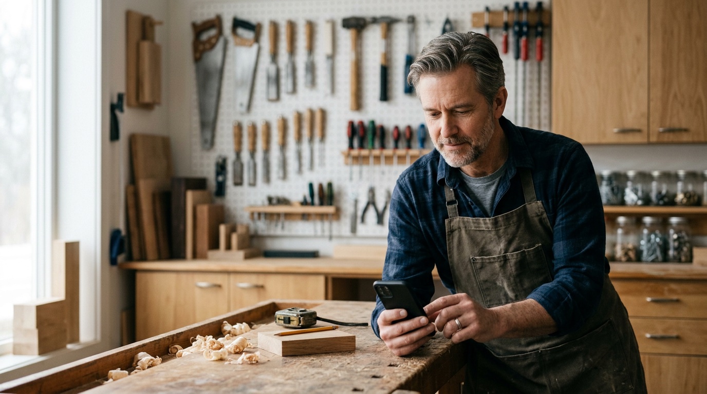 A business owner in a workshop reading a review on his phone, calm and thoughtful