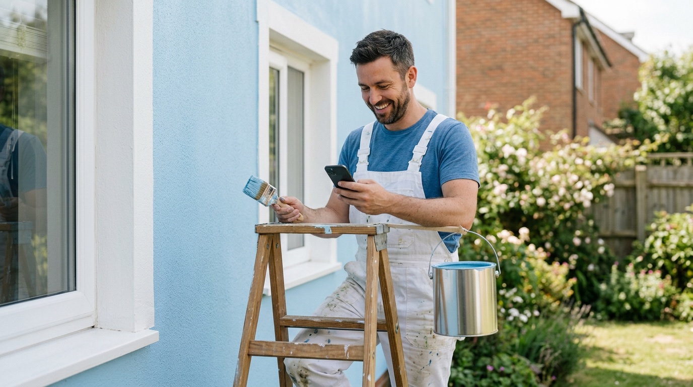 A house painter on a ladder checking a new job request on his phone