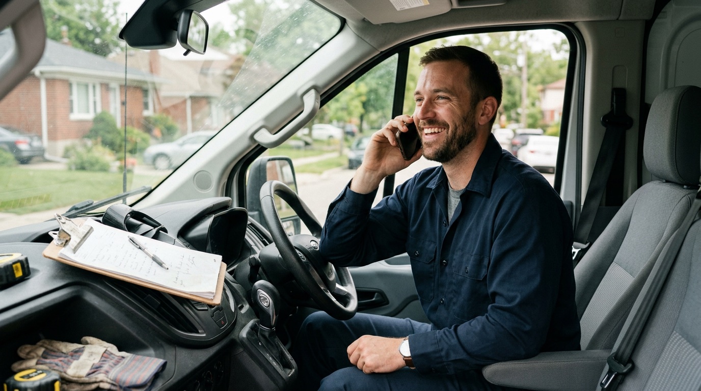 An HVAC technician in his work van answering a call on his phone between jobs